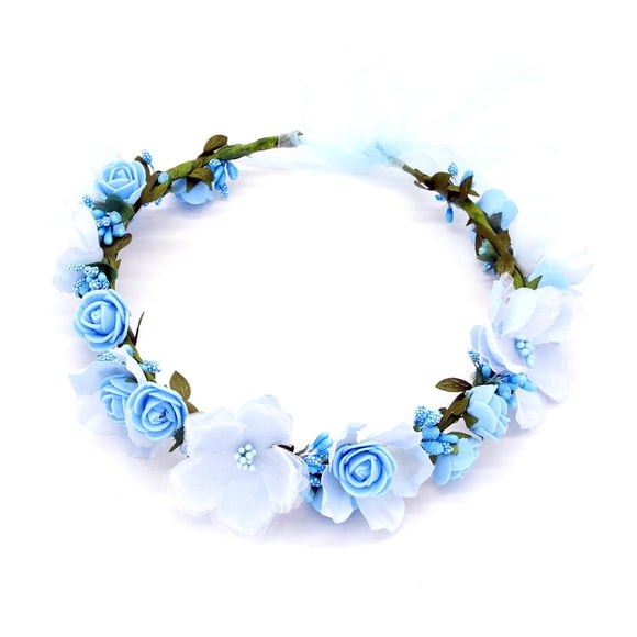 KUIZAP Bohemian Style Woman Hair Flower Crown Wedding Party Hair Wreath Garland Girls Flower Headband Brown Hair Accessories(Blue)