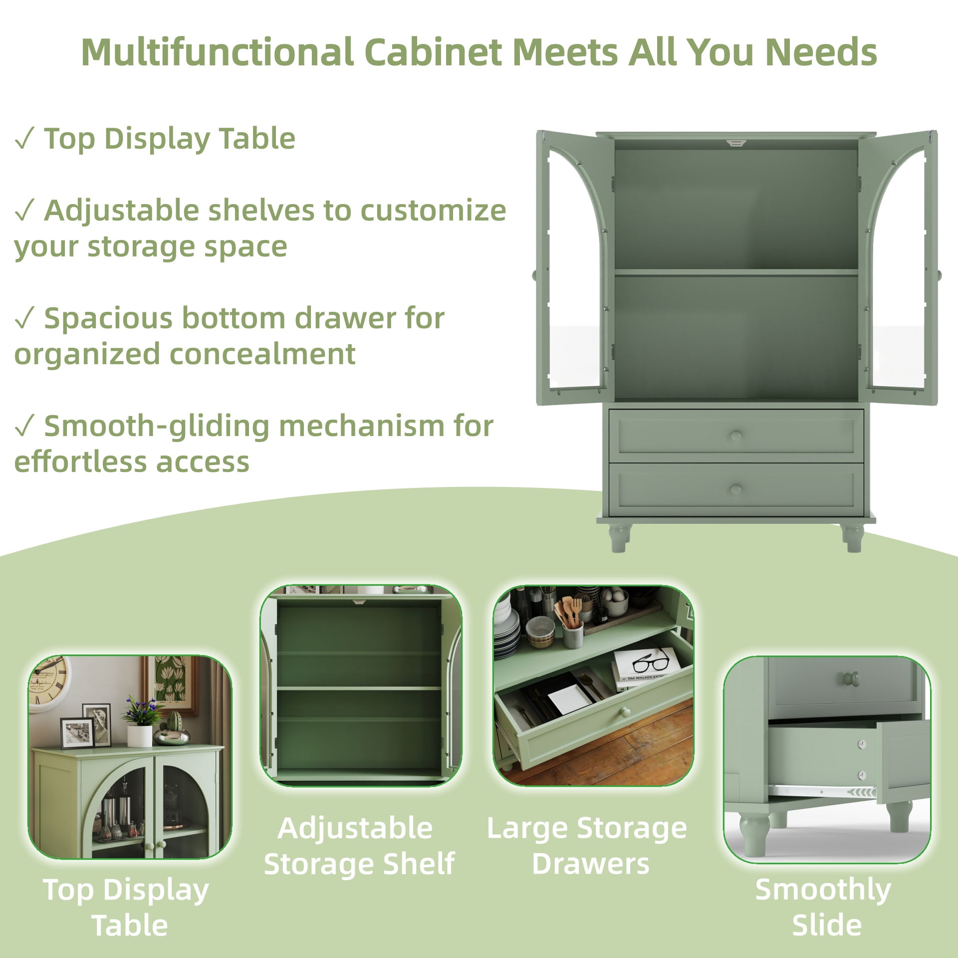Aukfa Buffet Pantry Cabinet,Arched Glass Door Wood Sideboard Storage Cabinet for Dining Room Hallway Entryway,Green
