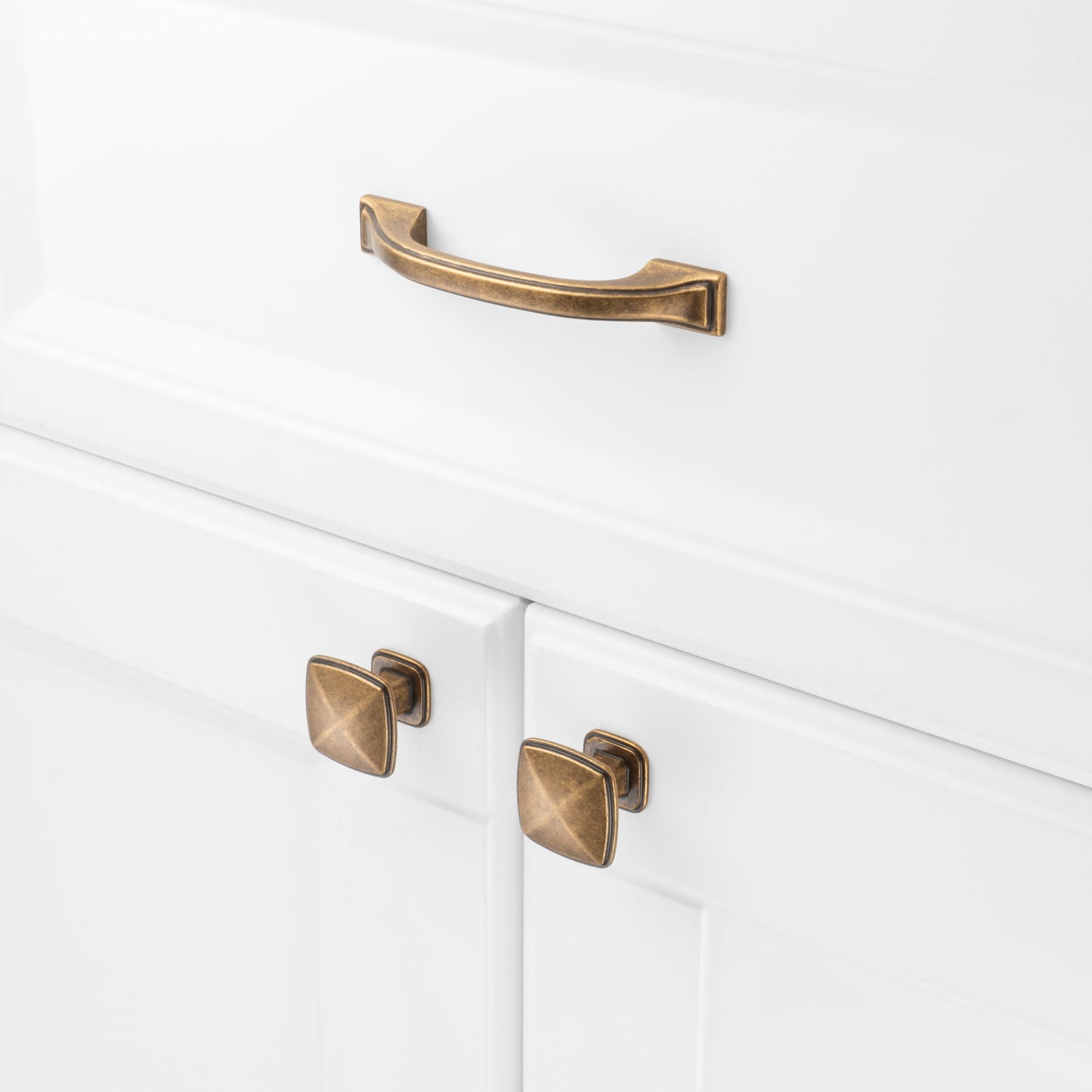 KOOFIZO 10 Pack Square Foot Craftsman Cabinet Bow Pull - Antique Brass Furniture Handle, 3 Inch/76mm Screw Spacing