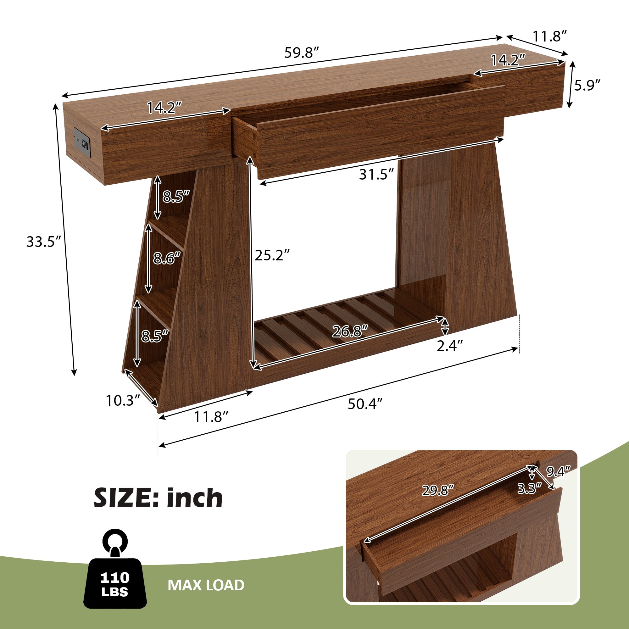Console Table 59.84 Inch, Narrow Sofa Table with Built-In Power Outlet and Storage Shelf, Entryway Foyer Table and Behind Couch Table, Natural Wood and Brown