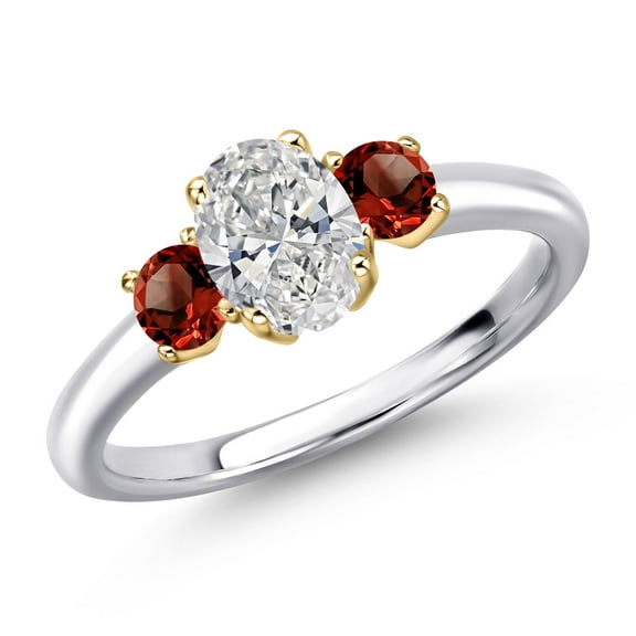Gem Stone King 925 Silver and 10K Yellow Gold DEF Lab Grown Diamond and Red Garnet Engagement Ring for Women | 1.10 Cttw | Oval 7X5MM | Gemstone April Birthstone | Size 7