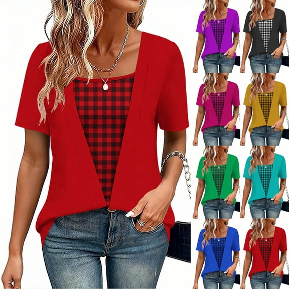 BRGZLK Summer Tops For Women Short Sleeve Shirts Fashion Casual Checkered Printed Cute Blouses Casual T Shirts Beach Vacation Round Neck Top Clothes