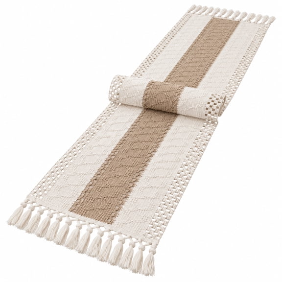 Aemutady Boho Table Runner with Tassels, 11.8 x 70.9 in., Beige