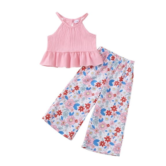 4T Baby Girls Clothes 5T Girls 2PCS Outfits Set Flower Print Toddler Girls Sleeveless Halter Top Pants Set Pink