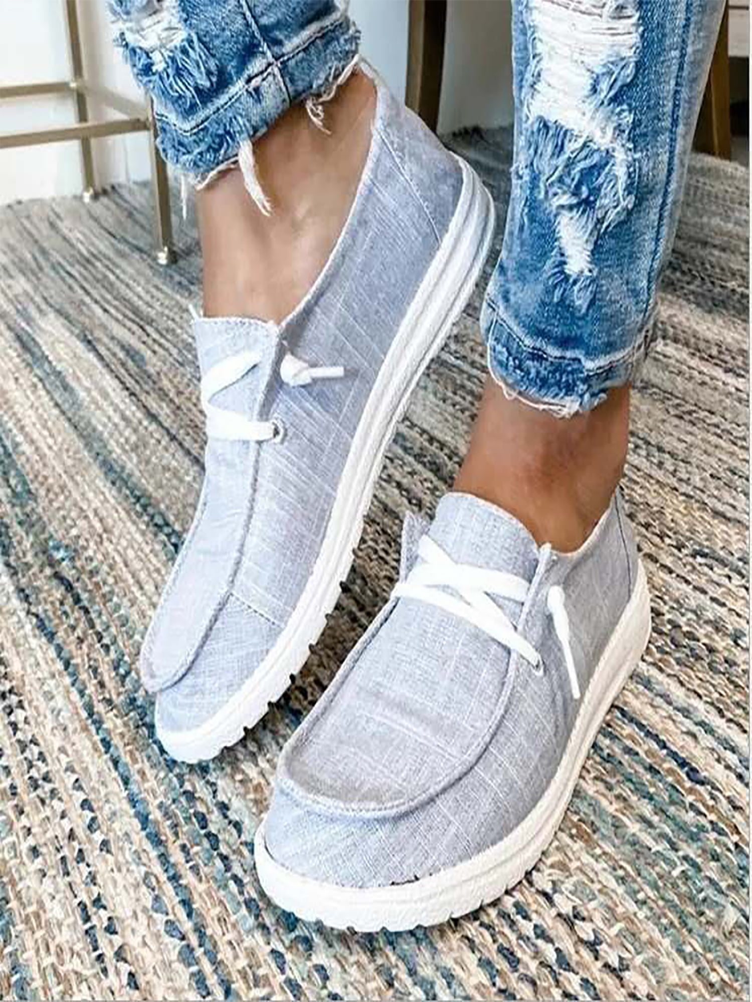 Women's Slip On Flat Denim Canvas Loafers Pumps Casual Trainers Sneakers Shoe 