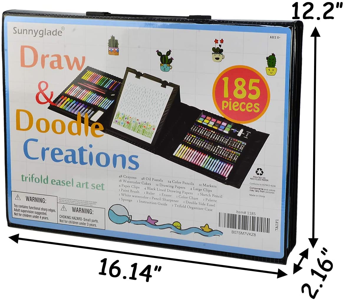 185 Pieces Double Sided Trifold Easel Art Set, Drawing Art Box with Oil Pastels, Crayons, Colored Pencils, Markers, Paint Brush, Watercolor Cakes, Sketch Pad