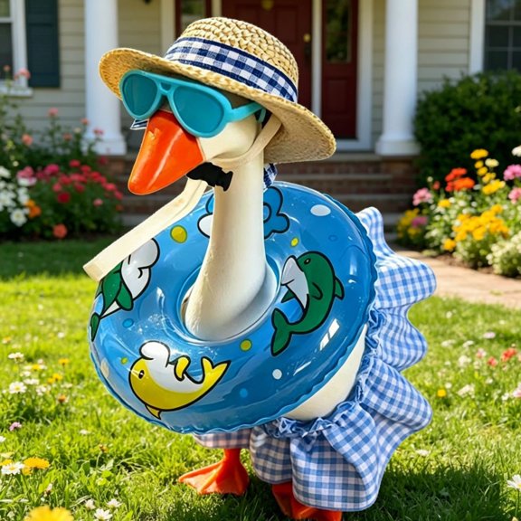 Summer Bikini Goose Outfit for 7 Inch Desktop Goose, Mini Beach Costume Set with Straw Hat Sunglasses Swim Ring, Cute Holiday Accessories