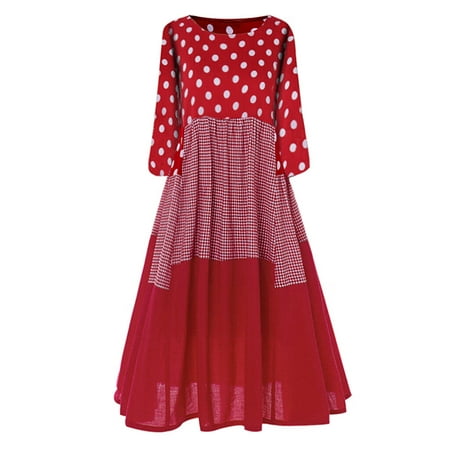 Winter Dresses for Women 2022 Women Vintage Bohe Wave Point Print Dress Long Sleeves O-Neck Maxi Dress Winter Dress Cotton Red 2Xl