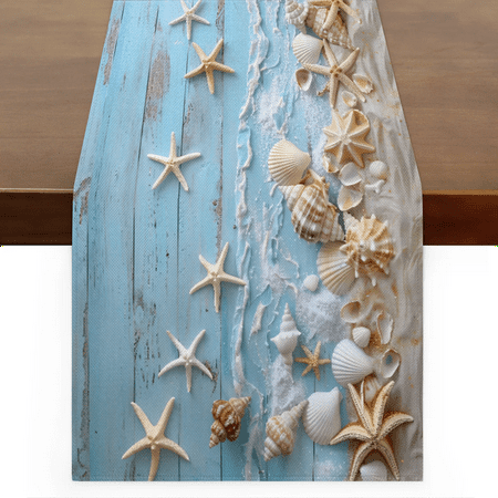 

Qzaxky Table Runner Boho Table Runner Summer Style Starfish Seashells On Wooden Bohemian Boho Outdoor Table Runner Decoration for Indoor Outdoor Home Dinner Party Wedding Decor 13 x 120 Inch