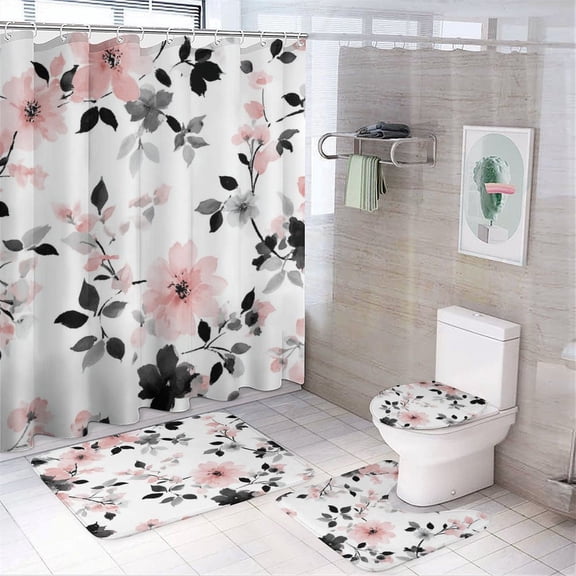 Shower Curtain 4 Piece Sets Watercolor Gray And Pink Floral Rug Toilet Lid Cover and Non-Slip U Shape Mat Gifts for Flower Lover Bathroom Decor Set for Bathtub Decor 72inch X 72inch