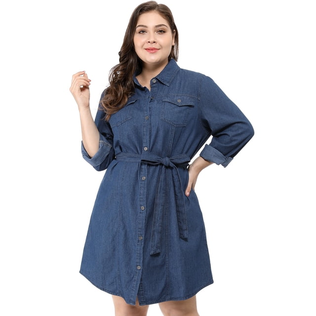 Vestido Camisero De MezclilPor EnciDe RodilCon Mangas Largas Tallas Grandes PaMujer Azul XL