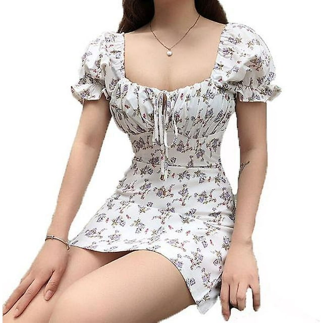 Women Floral Bandage Ruched Puff Sleeve Casual Dress