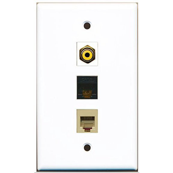 RiteAV - 1 Port RCA Yellow and 1 Port Phone RJ11 RJ12 Beige and 1 Port Cat6 Ethernet Black Wall Plate