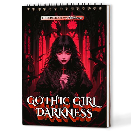 NETHOUSE Gothic Girl Darkness Spiral Coloring Book for Adults A5 Wooden Cover 30 Beautiful Coloring Pages of Mysterious Girls Creepy Skulls Gothic Fashion Spooky Illustrations