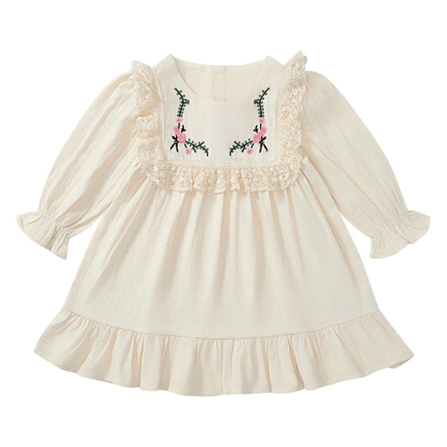 Odeerbi 2-8 Años Niñas Princesas Vestido Floral Cuello Moño Vestido Infantil Bordado Cuello Redondo Manga Larga