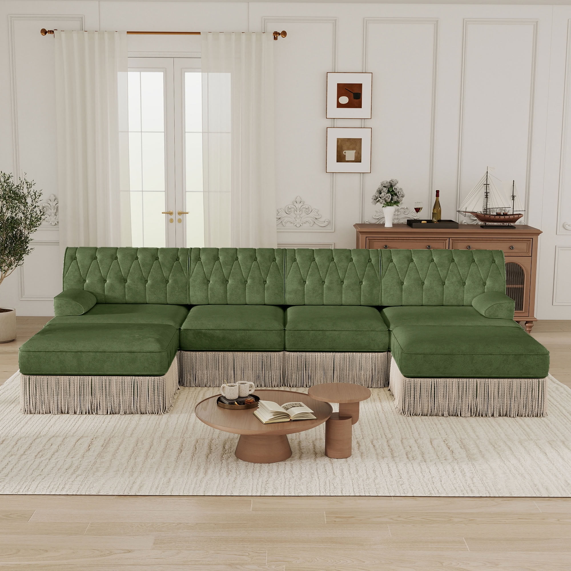 MAYEERTY Cloud Chesterfield Sectional Sofa, 4-Seater Modular Couch with Tassel & 2 Ottomans, Solid Wood Base for Living Room Bedroom