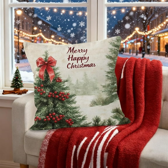 Mbvtdt Christmas Pillow Covers 18x18 Inch,Holiday Square Cushion Covers with Festive Red Truck and Fir Tree Pattern,Decorative Throw Pillowcase for Sofa Bedroom and Living Room Use