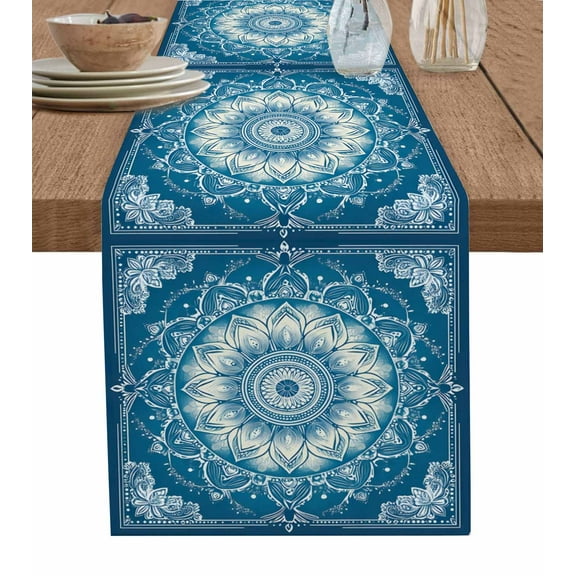 Navy Blue Boho Burlap Cotton Table Runner 14x72 Inches Long, Southwestern Floral Ethnic Tribal Abstract Farmhouse Table Runners, Outdoor Dining Tablecloths Decor for Baby Shower/Party/Wedding