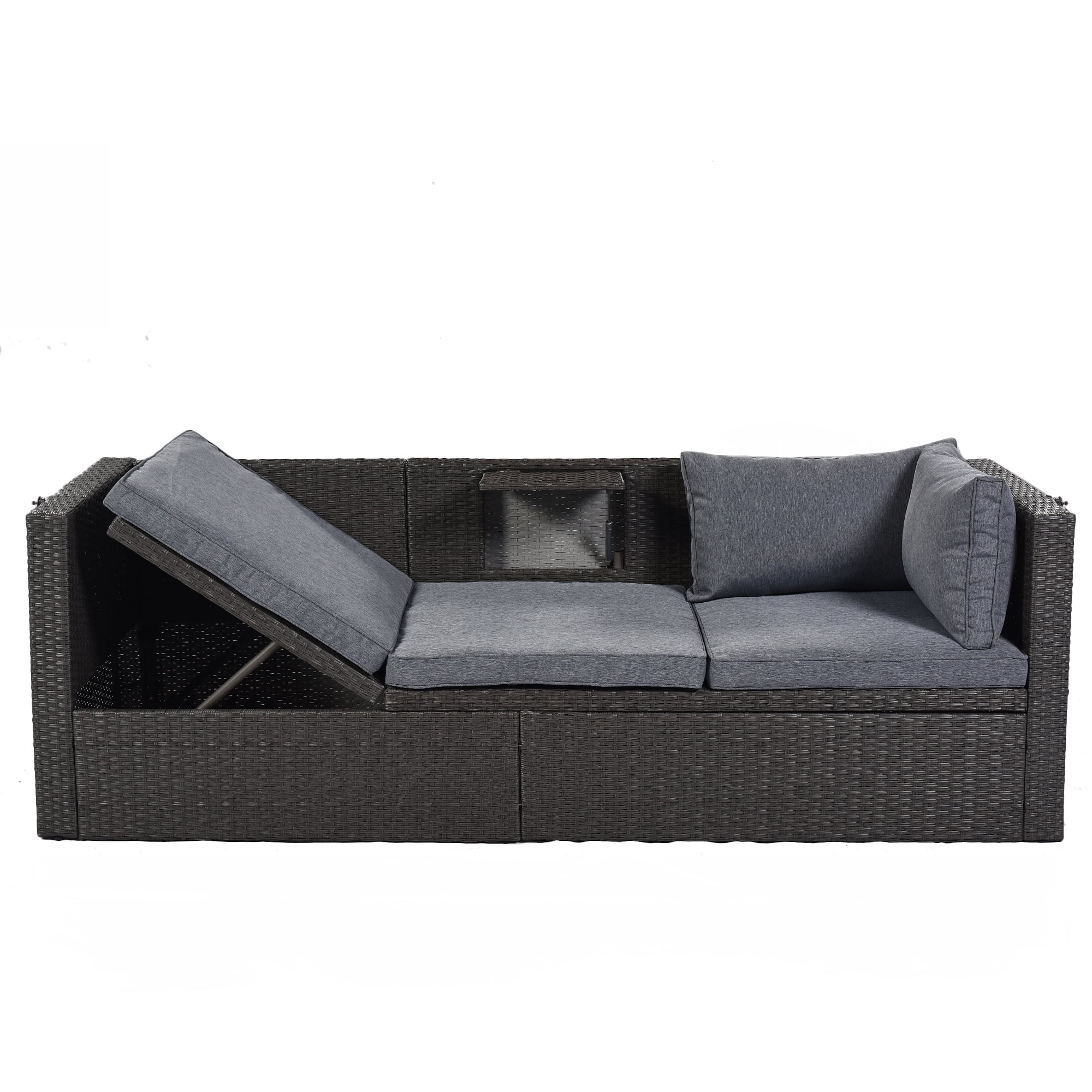 MAYEERTY Patio Rectangle Outdoor Sofa Wicker Sectional Retractable Canopy Washable Cushions