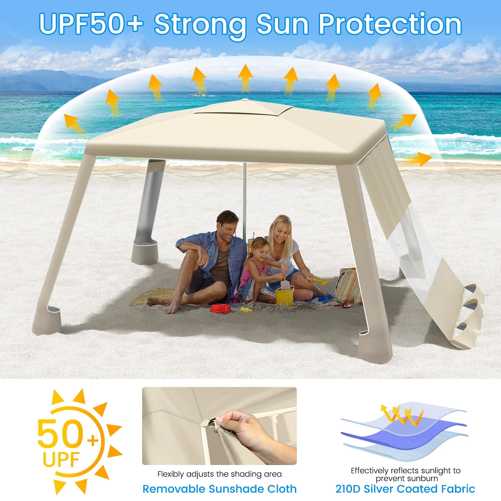 MoKo 8'x 8' Beach Cabana Tent, UPF 50+ Portable Beach Canopy Shelter with 4 Sand Pockets, Khaki