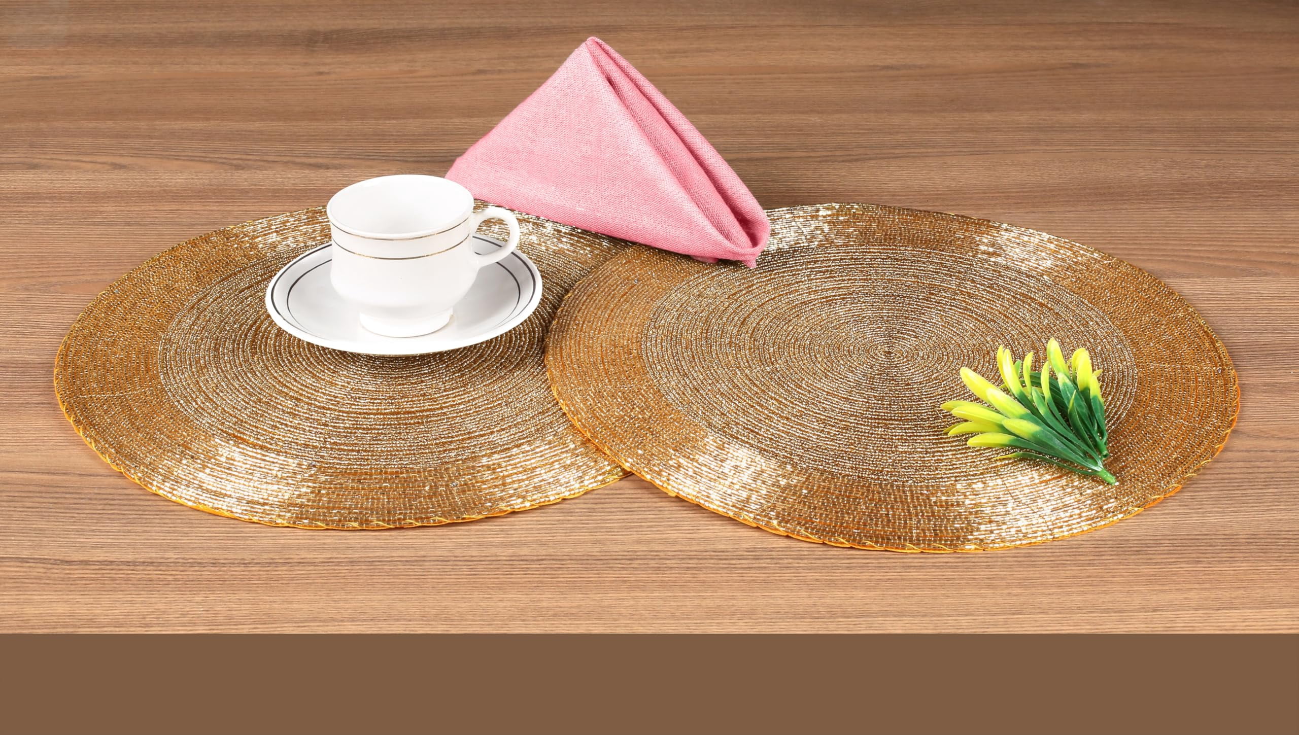 Homebia Designs Handmade Beaded Placemats Set of 4 - Round Charger Mats - Farmhouse Style Table Decor for Dining, Wedding, Holiday, and Special Occasions - Elegant Glitz Table Setting - 13 Inch Gold