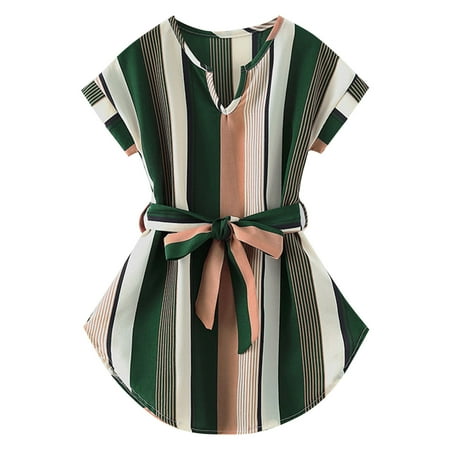 

HIBRO Toddler Girls Short Sleeve Color Stripe V Neck Dress Bowknot Strap Set For Kids Clothes Party Outfit Baby Girl Christmas Dress 5t Girl