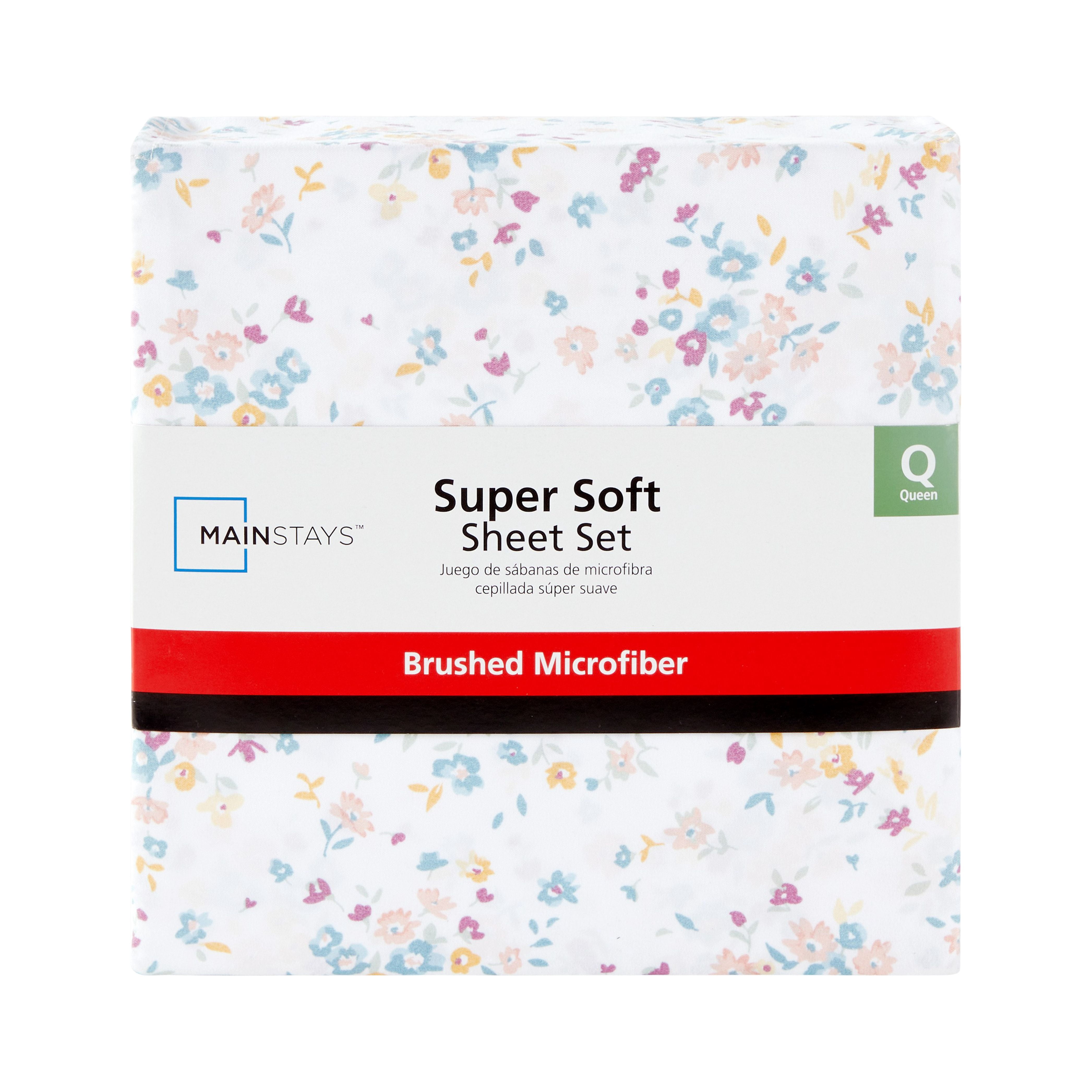 Mainstays Super Soft Brushed Microfiber Bed Sheet Set, King, White Floral, 4 Piece