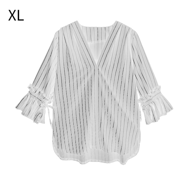 Camisa a rayas Blusa con cuello en V de verano Mujer Top casual con manga trompeta, Negro, XL Vogacara AP001548-09B
