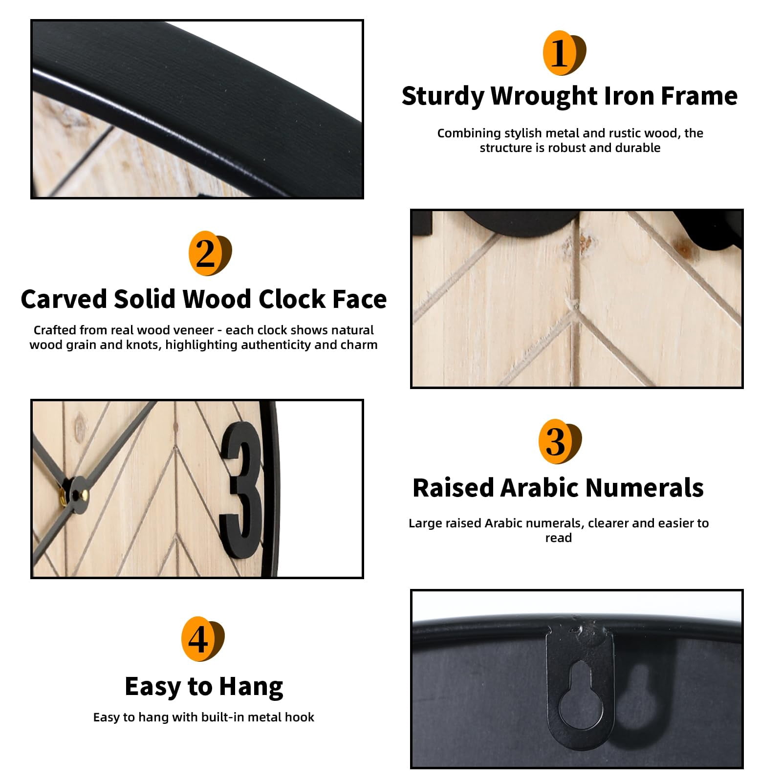 MODE HOME Rustic Farmhouse Wooden Wall Clock with Black Metal Frame, 24 inch Battery Operated Silent Clock, Brown