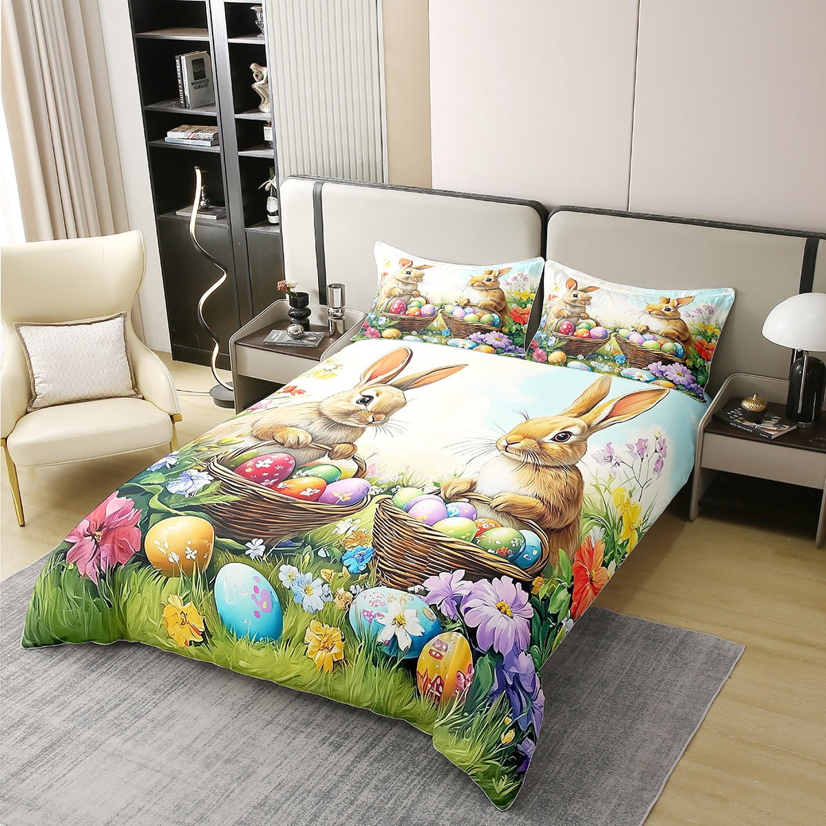 Erosebridal Farm Rabbit Bedding Set Easter Decoration Duvet Cover Happy Easter Themed Comforter Cover Easter Eggs Print Bedspread Cover Rustic Floral Decor Bedding Queen Size
