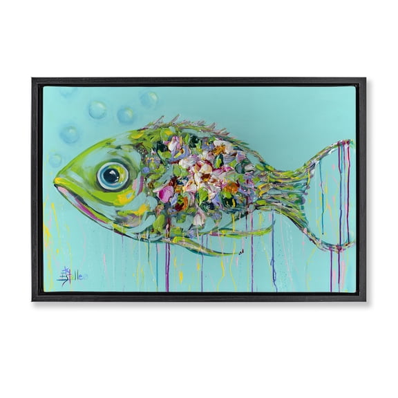 Stupell Industries Coastal Painterly Drip Fish Black Floating Frame Canvas Art, 25 x 17, by Estelle Grengs