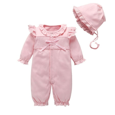 

TAIAOJING Baby Romper Sleeve Long Ruffles Jumpsuit+Hat Girls Lace Outfits Solid Girls Romper&Jumpsuit One Piece Outfits 9-12 Months