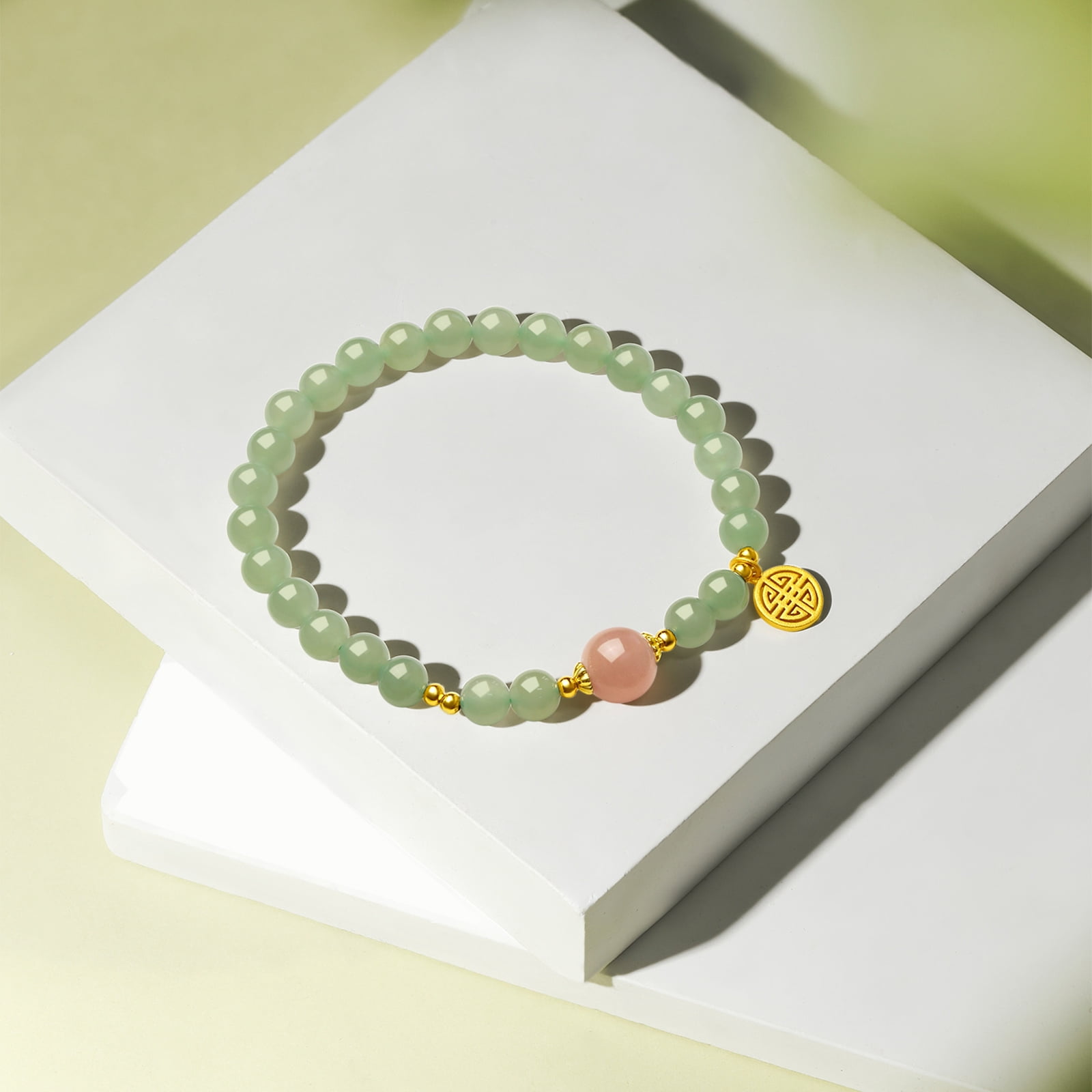 ZHOU LIU FU Jade Beaded Bracelet 925 Sterling Silver Blessing Fu Charm - Green Gemstone Sunstone Jewelry for Women 7.5"