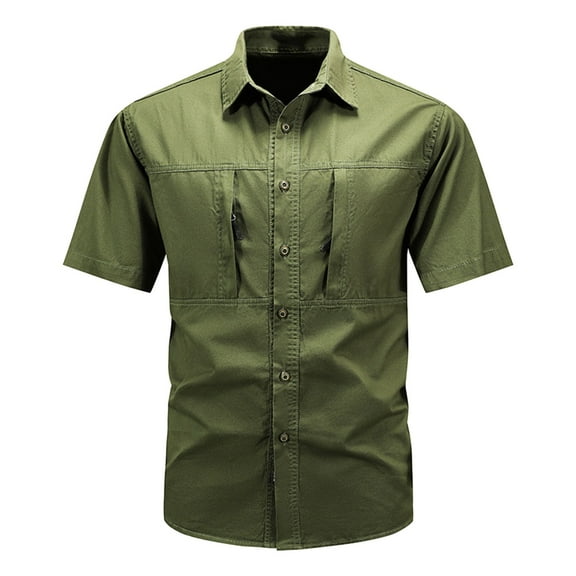 Men's Shirts Casual,Men's Fishing Shirt with Zipper Pockets Button Down Work Shirts Short Sleeve Cotton Casual Shirts for Hiking Travel