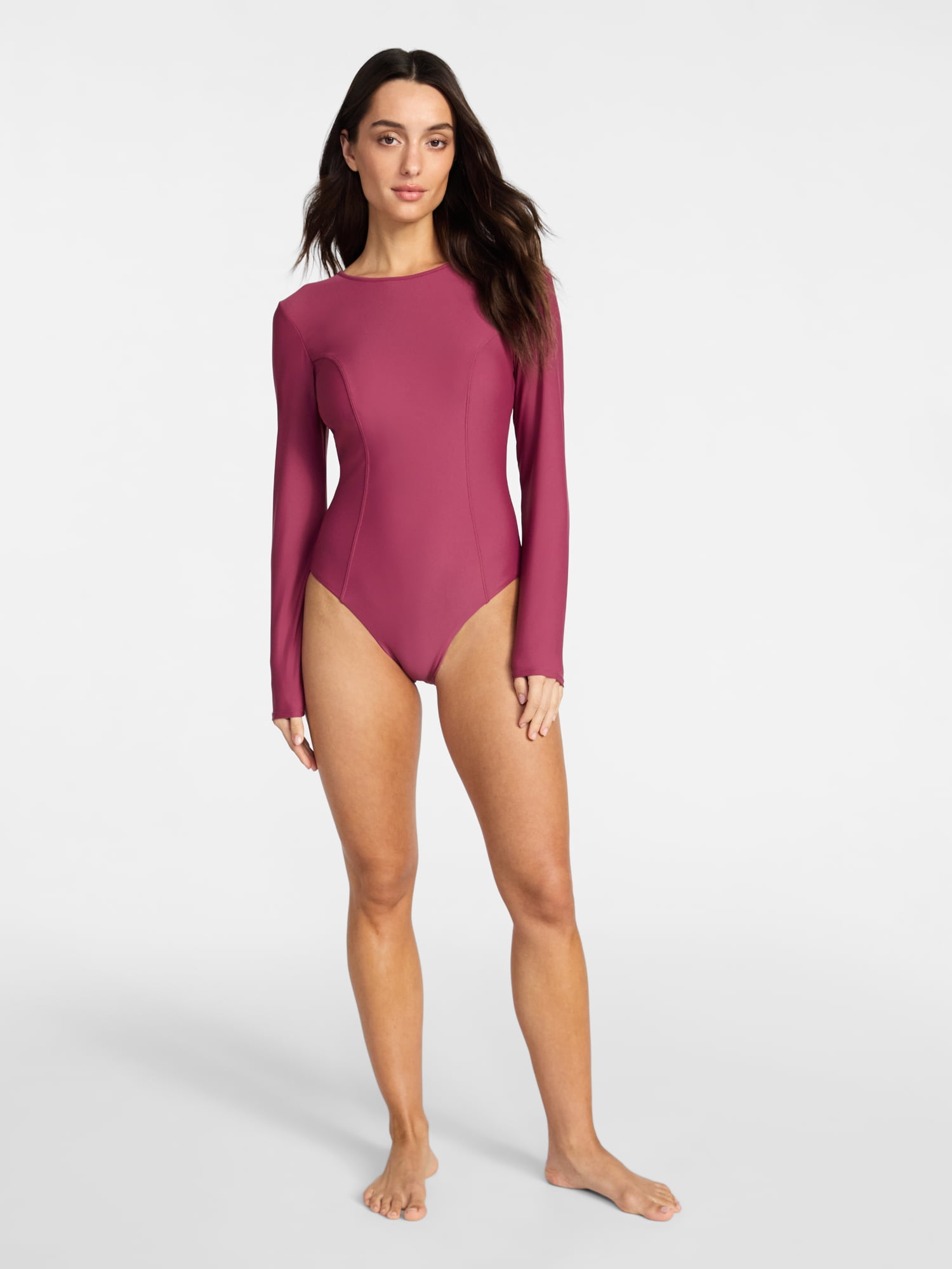 Time and Tru Women's and Women's Plus Size One Piece Rash Guard Swimsuit with Long Sleeves, Sizes XS-3X