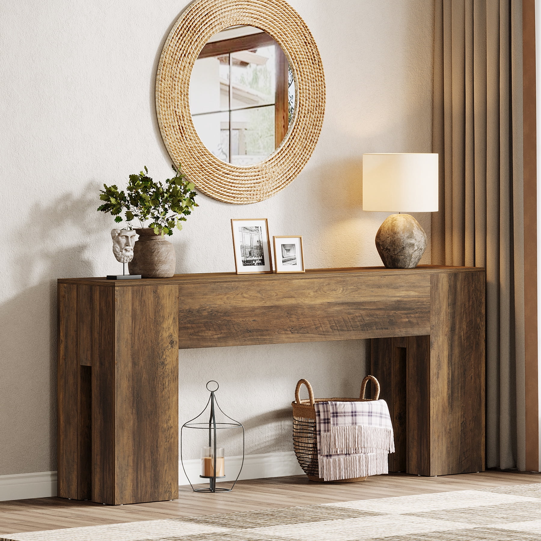 Finmind 71-Inch Long Console Table for Entryway, Farmhouse Sofa Console Behind Couch, Entry Table for Hallway, Foyer, Living Room, Rustic Brown
