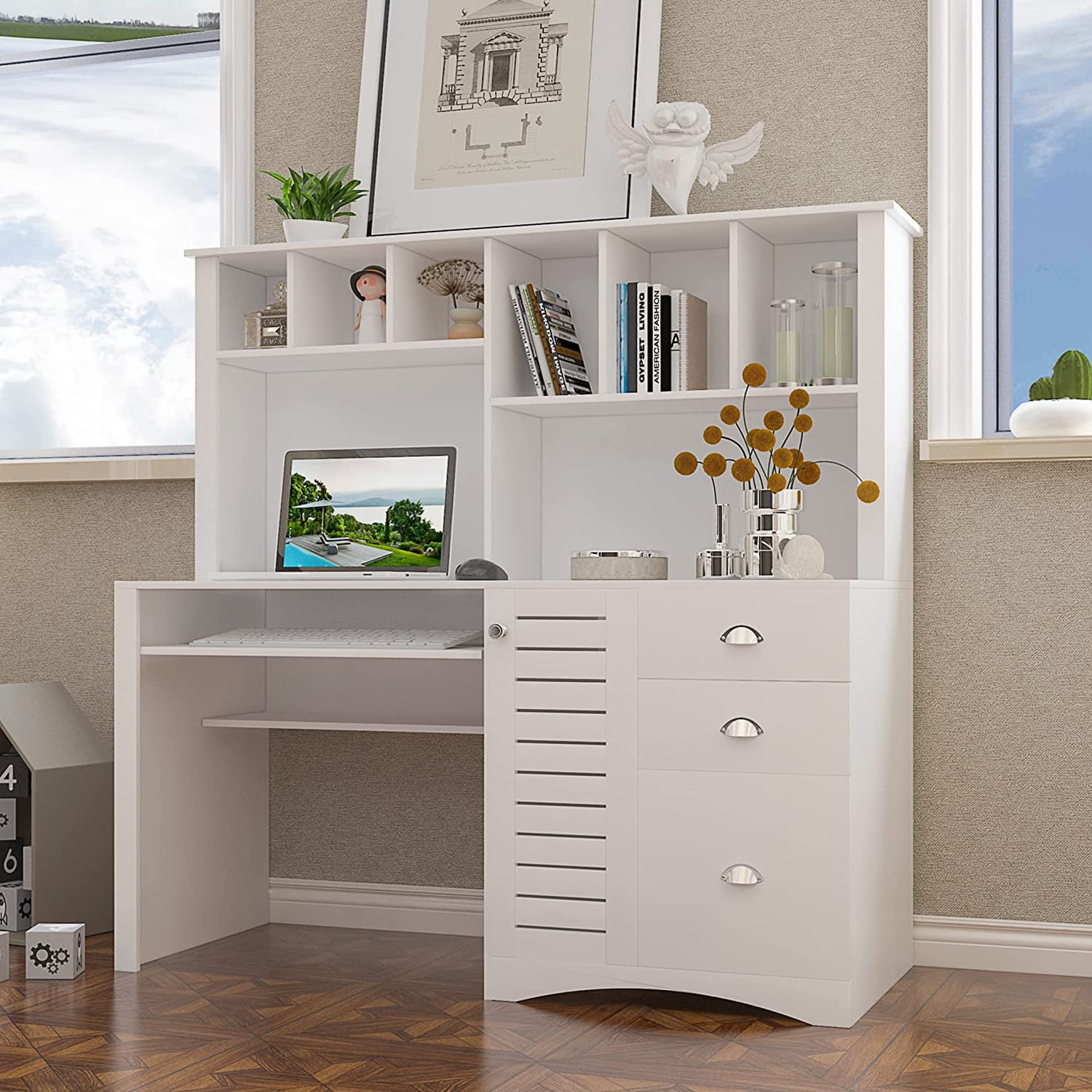 Walkfairy Home Office Computer Desk Hutches Big Storage Space Study Table,  Teak 