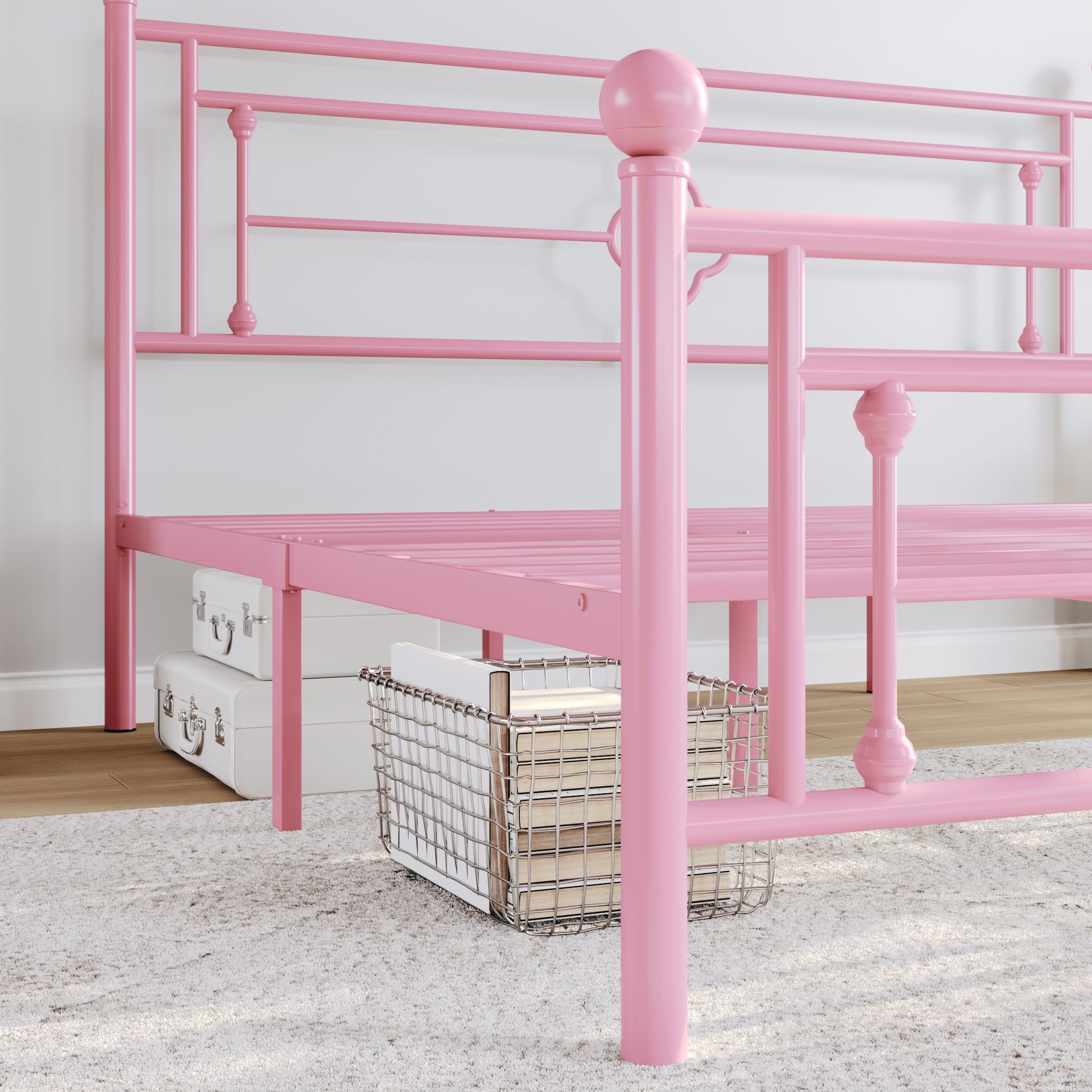 Sha Cerlin Pink Queen Size Metal Platform Bed Frame with Victorian Vintage Headboard
