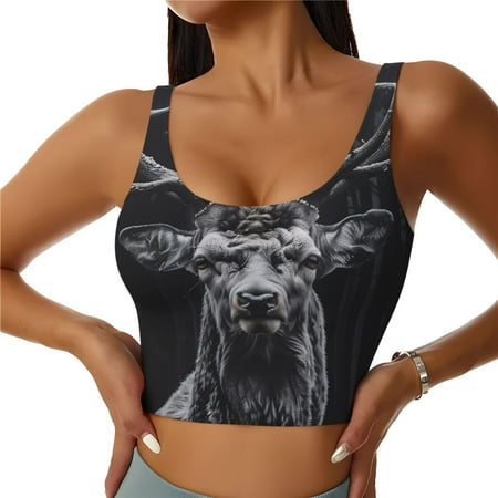 Qokaie Majestic Forest Stag Pattern Womens Scoop Neck Sports Bra Breathable Workout Vest Padded U Back Medium Impact Fitness Gym Yoga Bra Workout Crop Top-XX-Large