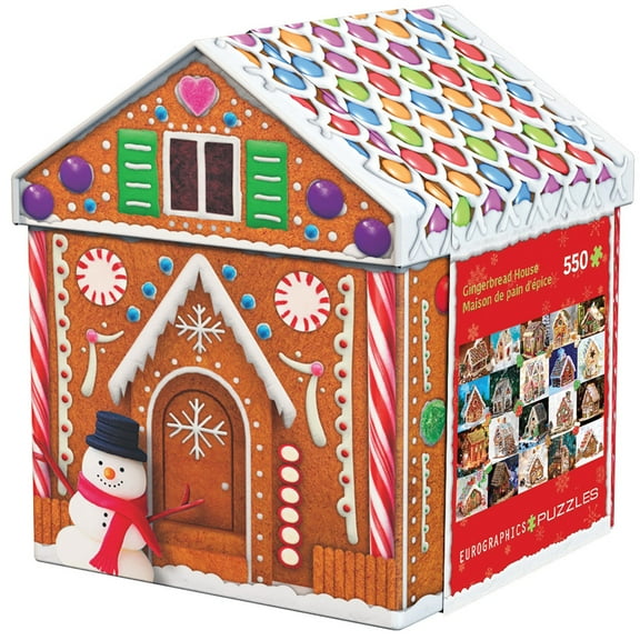Eurographics: Puzzle Tin: Gingerbread House - 550 Piece Jigsaw - Collectible Decorative House Shaped Tin, 13" x 19" Assembled, Christmas Holiday Gift