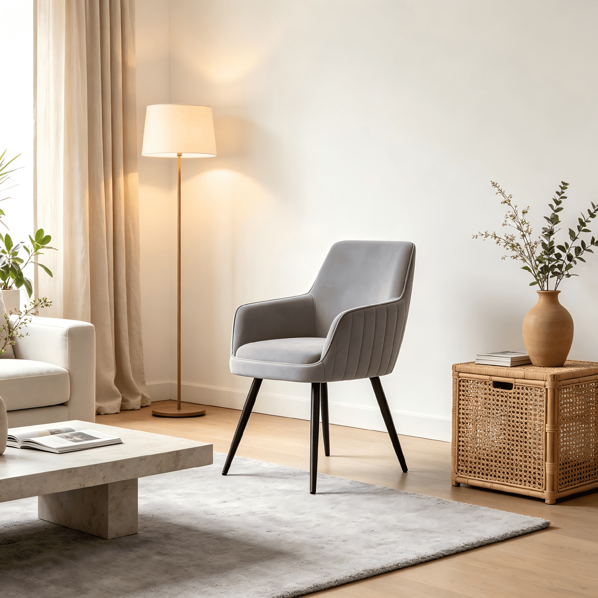Grey Modern Mid-Century Upholstered Accent Chair with Channel-Tufted Back, Set of 2