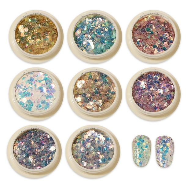 Juego de 8 latas de pegatinas holográficas con lentejuelas para uñas, lámina iridiscente de color