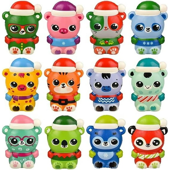 Set of 24 Mini Winter Animal Themed Slow Rise Squishy Toys - Pig, Bear, Zebra, Memory Foam Squish Stress Ball - Winter Christmas