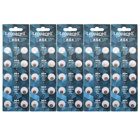 Loopacell AG4 Button Cell Batteries, AG4 Coin Cell Battery, Alkaline Button Battery x 50
