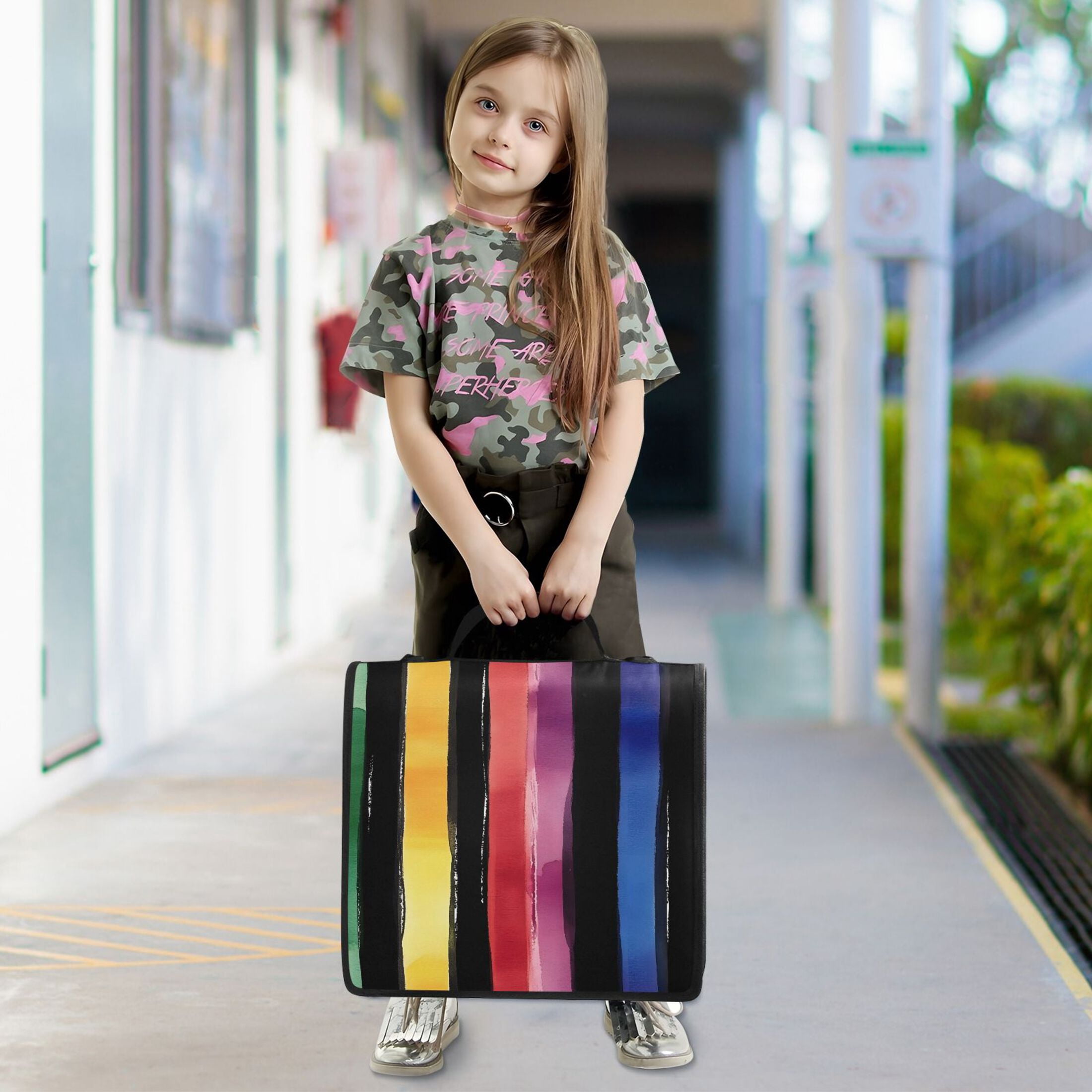 ALAZA Zipper Binder Bag Rainbow Stripes Pattern 3 Ring File Folder Binder Organizer Bag