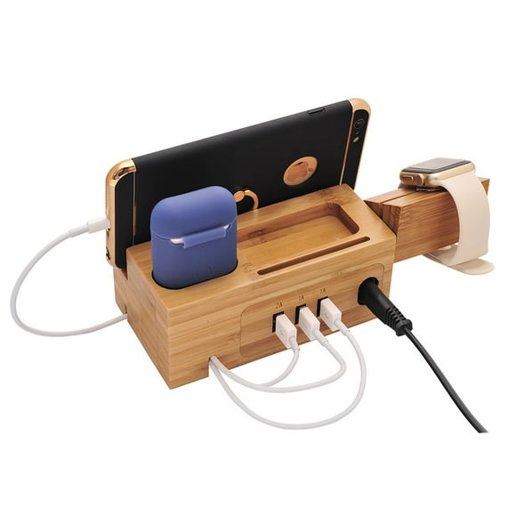 Charging Station for Apple Watches, iPhones, AirPod Apple Watch Charger Stand for AirPods Charging Dock Bamboo Wood Charging Station with 3 USB Power Ports