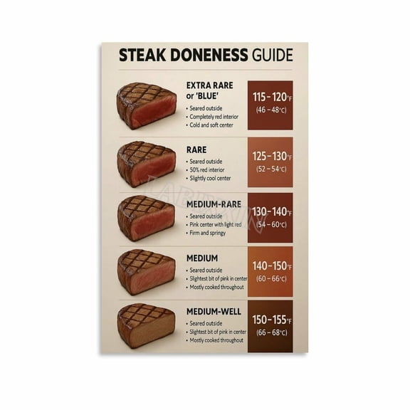 Steak Doneness And Temperature Guide Chart Poster (13) Canvas for Bedroom Living Room Decor