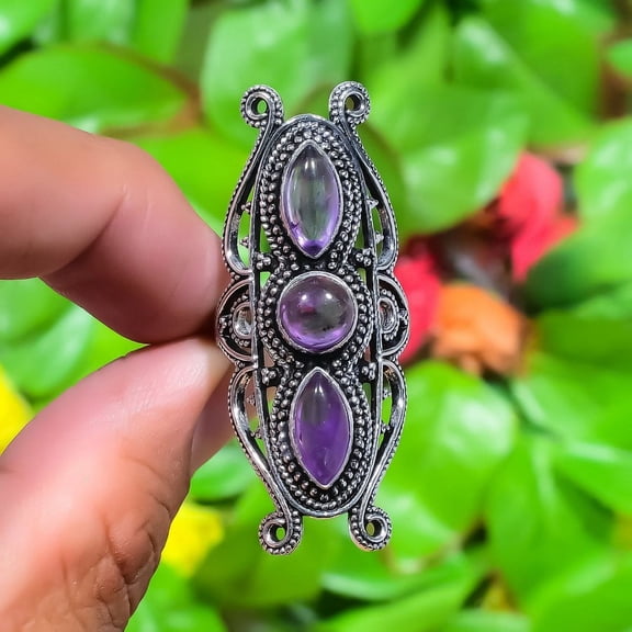 Natural Sage Amethyst Gemstone Handmade 925 Sterling Silver Ring Size 12