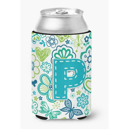 Letter P Flowers and Butterflies Teal Blue Can or Bottle Hugger