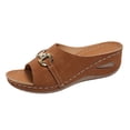 thumbnail image 4 of Rokment Womens Orthopedic Wedges Slides Dress Sandals Beach Summer Fashionable Casual Leather Open Toe Arch Support Platform Walking Slip on Dressy Mid Heels for Ladies Brown Size 6.5, 4 of 5